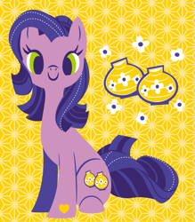 Size: 525x600 | Tagged: dead source, safe, artist:yousukou, imported from derpibooru, kimono, pony, abstract background, c:, full body, g3, heart, lineless, looking at you, no catchlights, sitting, smiling, solo