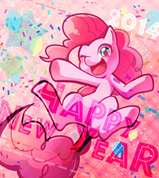 Size: 800x894 | Tagged: safe, artist:mizoreame, imported from derpibooru, pinkie pie, earth pony, pony, abstract background, female, happy new year, one eye closed, pixiv, smiling, solo, wink