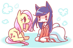 Size: 600x396 | Tagged: safe, artist:mizoreame, imported from derpibooru, fluttershy, fox, human, pegasus, pony, ahri, kitsune, league of legends, pixiv