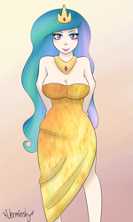 Size: 1795x3000 | Tagged: safe, artist:verminshy, imported from derpibooru, princess celestia, human, cleavage, clothes, dress, female, humanized, light skin, solo