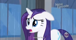 Size: 1152x606 | Tagged: safe, imported from derpibooru, screencap, rarity, rarity takes manehattan, female, hub logo, meme, solo, youtube caption