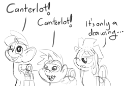 Size: 1000x680 | Tagged: safe, artist:smudge proof, imported from derpibooru, snails, snips, oc, comic:heads and tails, canterlot, monochrome, monty python, monty python and the holy grail, ponified, sketch