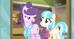 Size: 1152x607 | Tagged: safe, imported from derpibooru, screencap, coco pommel, suri polomare, rarity takes manehattan, female, hub logo, meme, youtube caption