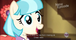 Size: 1152x607 | Tagged: safe, imported from derpibooru, screencap, coco pommel, rarity takes manehattan, female, hub logo, meme, solo, text, youtube caption