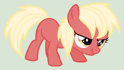 Size: 598x338 | Tagged: safe, artist:unoriginai, imported from derpibooru, oc, oc only, oc:apple brandy, oc:cripps pink, blank flank, female, filly, goddamnit unoriginai, offspring, parent:applejack, parent:big macintosh, parents:applemac, product of incest, scrunchy face, simple background, solo