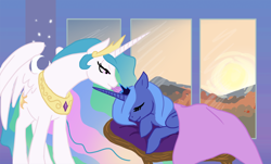 Size: 1366x827 | Tagged: safe, artist:bux, imported from derpibooru, princess celestia, princess luna, s1 luna, sleeping