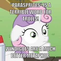 Size: 500x500 | Tagged: safe, edit, edited screencap, imported from derpibooru, screencap, sweetie belle, ponyville confidential, cropped, exploitable meme, female, floppy ears, hoof on chin, meme, solo, sudden clarity sweetie belle