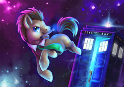 Size: 950x672 | Tagged: safe, artist:kaceymeg, imported from derpibooru, derpy hooves, doctor whooves, time turner, earth pony, pegasus, pony, doctor who, female, male, mare, mouth hold, necktie, sonic screwdriver, stallion, tardis, the doctor