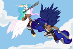 Size: 1951x1311 | Tagged: safe, artist:splinterstar, imported from derpibooru, princess celestia, princess luna, alicorn, pony, attack on titan, clothes, crossover, female, flying, jacket, mare, mouth hold, signature, sisters