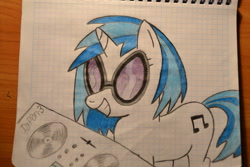 Size: 1024x682 | Tagged: safe, artist:ghostofwar909, imported from derpibooru, dj pon-3, vinyl scratch, female, solo, traditional art, turntable