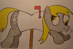 Size: 1024x683 | Tagged: safe, artist:ghostofwar909, imported from derpibooru, derpy hooves, pegasus, pony, derpy inside a mailbox, female, mail, mailbox, mare, mouth hold, solo, traditional art