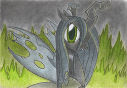 Size: 2460x1700 | Tagged: safe, artist:ghostofwar909, imported from derpibooru, queen chrysalis, changeling, changeling queen, female, solo, traditional art