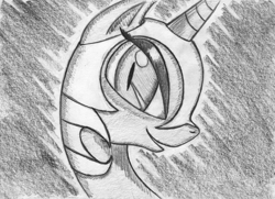 Size: 2337x1689 | Tagged: safe, artist:ghostofwar909, imported from derpibooru, nightmare moon, female, monochrome, solo, traditional art