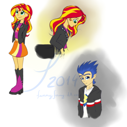 Size: 1000x1000 | Tagged: safe, artist:funnyfany, imported from derpibooru, flash sentry, sunset shimmer, equestria girls, female, flashimmer, humanized, male, shipping, straight