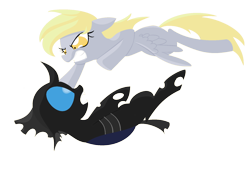 Size: 1832x1300 | Tagged: safe, artist:violetandblaire, imported from derpibooru, derpy hooves, changeling, pegasus, pony, guardian (web video), beware the nice ones, epic derpy, female, fight, mare