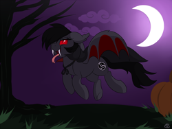 Size: 1500x1125 | Tagged: safe, artist:meggchan, imported from derpibooru, oc, oc only, oc:qetesh, bat pony, pony, vampire, cape, clothes, costume, crescent moon, fake teeth, fangs, flying, halloween, moon, night, pumpkin, tongue out