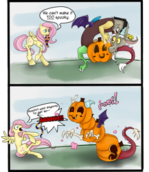 Size: 740x851 | Tagged: safe, artist:chromaflow, imported from derpibooru, discord, fluttershy, draconequus, pegasus, pony, 2spooky, comic, discord being discord, halloween, jack-o-lantern, nightmare night, pumpkin, scared