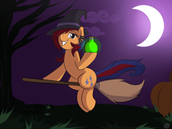 Size: 1500x1125 | Tagged: safe, artist:meggchan, imported from derpibooru, oc, oc only, oc:sweet voltage, broom, cloud, crescent moon, dead tree, flying, flying broomstick, hair over one eye, halloween, hat, lidded eyes, looking at you, moon, night, potion, pumpkin, sitting, smiling, solo, tree, witch hat