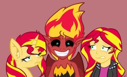 Size: 1800x1100 | Tagged: safe, artist:novaspark, imported from derpibooru, sunset shimmer, pony, equestria girls, human ponidox, self ponidox, sunset satan, trio