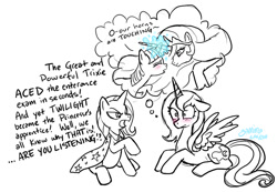 Size: 800x554 | Tagged: safe, artist:yamino, imported from derpibooru, princess celestia, princess luna, trixie, twilight sparkle, pony, unicorn, the cutie mark chronicles, alternate universe, artifact, female, filly, filly trixie, filly twilight sparkle, horns are touching, lesbian, mare, monochrome, overreaction, s1 luna, shipper on deck, shipping, twilestia, woona