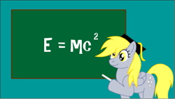 Size: 1025x578 | Tagged: safe, artist:duragan, imported from derpibooru, derpy hooves, pegasus, pony, chalk, chalkboard, e=mc^2, female, graduation cap, mare, science, solo