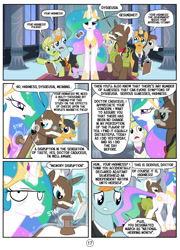 Size: 800x1109 | Tagged: safe, artist:mister-saugrenu, imported from derpibooru, princess celestia, oc, oc:doctor caduceus, clipboard, comic, princess celestia hates tea