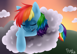 Size: 750x525 | Tagged: safe, artist:lexieskye, imported from derpibooru, rainbow dash, cloud, cloudy, female, sleeping, solo