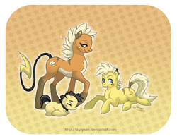 Size: 3000x2365 | Tagged: safe, artist:almairis, imported from derpibooru, pichu, pikachu, raichu, abstract background, colt, evolution chart, family, female, foal, male, mare, mother and son, pokémon, ponified, ponymon, simple background, yellow background