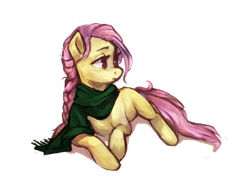 Size: 1400x1050 | Tagged: safe, artist:johling, imported from derpibooru, fluttershy, pegasus, pony, alternate hairstyle, braid, clothes, female, prone, scarf, simple background, solo, transparent background