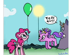 Size: 500x385 | Tagged: safe, artist:foudubulbe, imported from derpibooru, pinkie pie, screwball, balloon, canterlot, forced perspective, grawlixes, hat, implied princess celestia, propeller hat, sun, swearing, swirly eyes, tangible heavenly object