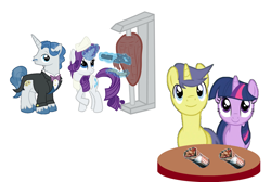 Size: 1024x689 | Tagged: safe, artist:3d4d, imported from derpibooru, comet tail, fancypants, rarity, twilight sparkle, cometlight, doner kebab, female, gyros, male, ponies eating meat, raripants, shawarma, shipping, straight