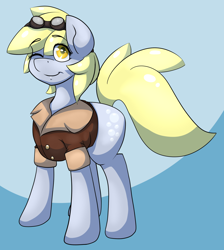 Size: 1820x2028 | Tagged: safe, artist:thebatfang, imported from derpibooru, derpy hooves, pegasus, pony, bomber jacket, female, goggles, looking at you, mare, smiling, solo, wink