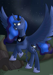 Size: 2400x3420 | Tagged: safe, artist:thebatfang, imported from derpibooru, princess luna, female, high res, night, ocean, raised hoof, solo, spread wings