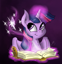 Size: 1280x1312 | Tagged: safe, artist:jorobro, imported from derpibooru, twilight sparkle, alicorn, pony, book, female, magic, mare, purple background, quill, simple background, solo, twilight sparkle (alicorn), writing