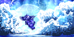 Size: 2000x1000 | Tagged: safe, artist:daughter-of-war, imported from derpibooru, princess luna, female, flying, lightning, solo