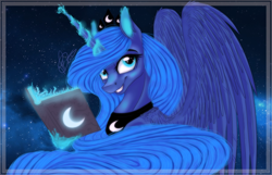 Size: 1414x912 | Tagged: dead source, safe, artist:sevenada, imported from derpibooru, princess luna, book, female, magic, portrait, solo, telekinesis, three quarter view