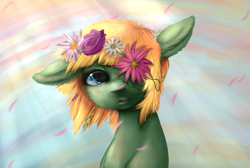 Size: 1047x704 | Tagged: safe, artist:colorlesscupcake, imported from derpibooru, oc, oc only, color porn, floppy ears, floral head wreath, portrait, solo, surreal, windswept mane