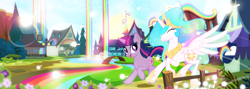 Size: 1600x572 | Tagged: safe, artist:pixelkitties, imported from derpibooru, princess celestia, twilight sparkle, rainbow falls, cute, cutelestia, female, mare, running, twiabetes