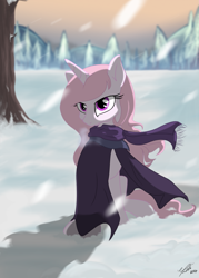 Size: 1467x2047 | Tagged: safe, artist:lunarcakez, imported from derpibooru, princess celestia, pony, cewestia, cloak, clothes, cute, female, filly, scarf, snow, snowfall, solo