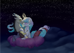 Size: 1200x862 | Tagged: safe, artist:psychotwi, imported from derpibooru, discord, princess celestia, bedroom eyes, cloud, cloudy, dislestia, eye contact, female, floppy ears, hair pulling, intertwined tails, lidded eyes, love, magic, male, redraw, romance, romantic, shipping, straight