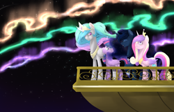 Size: 1800x1166 | Tagged: safe, artist:psychotwi, imported from derpibooru, princess cadance, princess celestia, princess luna, twilight sparkle, alicorn, pony, twilight's kingdom, alicorn tetrarchy, aurora borealis, aurora crystialis, balcony, female, mare, twilight sparkle (alicorn), you'll play your part