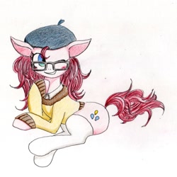 Size: 900x900 | Tagged: dead source, safe, artist:unousaya, imported from derpibooru, pinkie pie, earth pony, clothes, female, glasses, hat, one eye closed, simple background, solo, sweater, thigh highs, white background, wink