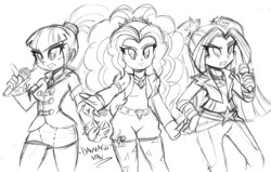 Size: 1500x953 | Tagged: safe, artist:danmakuman, imported from derpibooru, adagio dazzle, aria blaze, sonata dusk, equestria girls, rainbow rocks, grayscale, monochrome