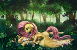 Size: 1200x776 | Tagged: safe, artist:viwrastupr, imported from derpibooru, fluttershy, bird, butterfly, rabbit, squirrel, animal, female, floppy ears, forest, prone, solo, spread wings, underhoof