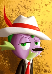 Size: 2480x3508 | Tagged: safe, artist:corina93, imported from derpibooru, spike, clothes, hat, male, moustache, solo, suit