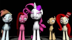Size: 854x472 | Tagged: safe, artist:theinvertedshadow, imported from derpibooru, applejack, fluttershy, pinkie pie, rainbow dash, rarity, elements of insanity, 3d, applepills, creepy, creepy ponies, dark, demented six, fluttershout, insanity, looking at you, pinkamena diane pie, pinkis cupcake, rainbine, rainbine ears, rarifruit, source filmmaker