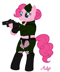 Size: 931x1130 | Tagged: safe, artist:dippywerewolf, imported from derpibooru, pinkie pie, pony, amber (sucker punch), bipedal, crossover, female, gun, solo, sucker punch, weapon