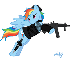 Size: 1230x997 | Tagged: safe, artist:dippywerewolf, imported from derpibooru, rainbow dash, clothes, crossover, female, gun, rocket (sucker punch), solo, sucker punch, weapon