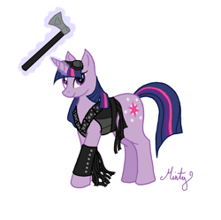 Size: 1429x1421 | Tagged: safe, artist:dippywerewolf, imported from derpibooru, twilight sparkle, axe, blondie (sucker punch), clothes, crossover, female, magic, solo, sucker punch, weapon