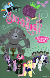 Size: 2700x4200 | Tagged: safe, artist:dippywerewolf, imported from derpibooru, angel bunny, fluttershy, pinkie pie, rainbow dash, rarity, spike, twilight sparkle, amber (sucker punch), axe, babydoll (sucker punch), blondie (sucker punch), clothes, crossover, fire, flying, gun, rocket (sucker punch), sucker punch, sweet pea (sucker punch), sword, weapon